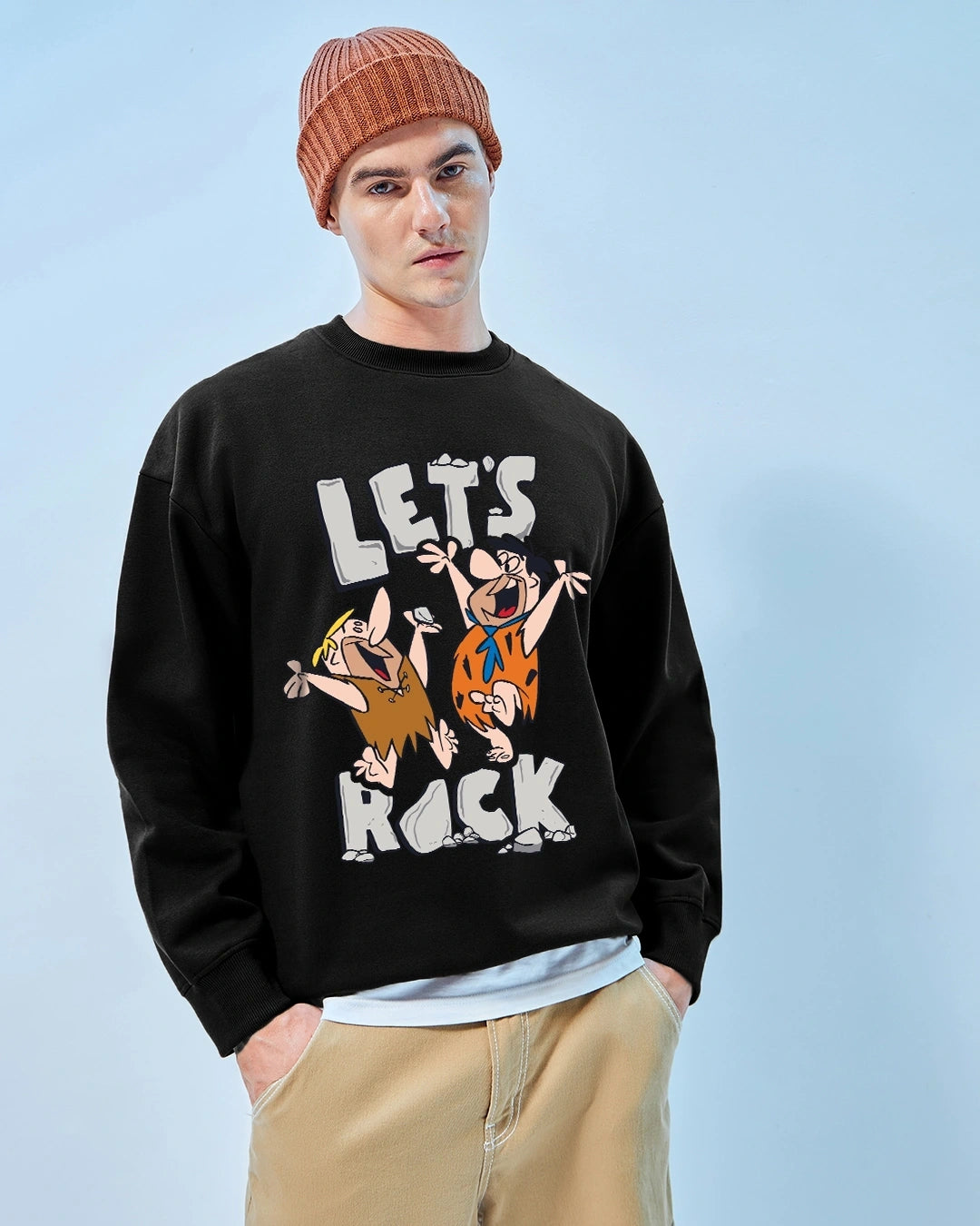 Men's Black Rock N Roll Graphic Printed Oversized Sweatshirt