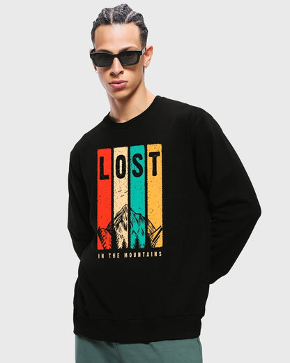 Men's Black Lost In The Mountains Graphic Printed Sweatshirt