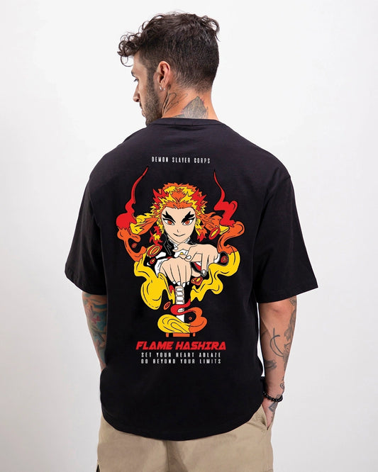Men's Black Flame Hashira Graphic Printed Oversized T-shirt