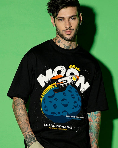 Men's Black Chandrayaan 3 Hello Moon Graphic Printed Oversized T-shirt