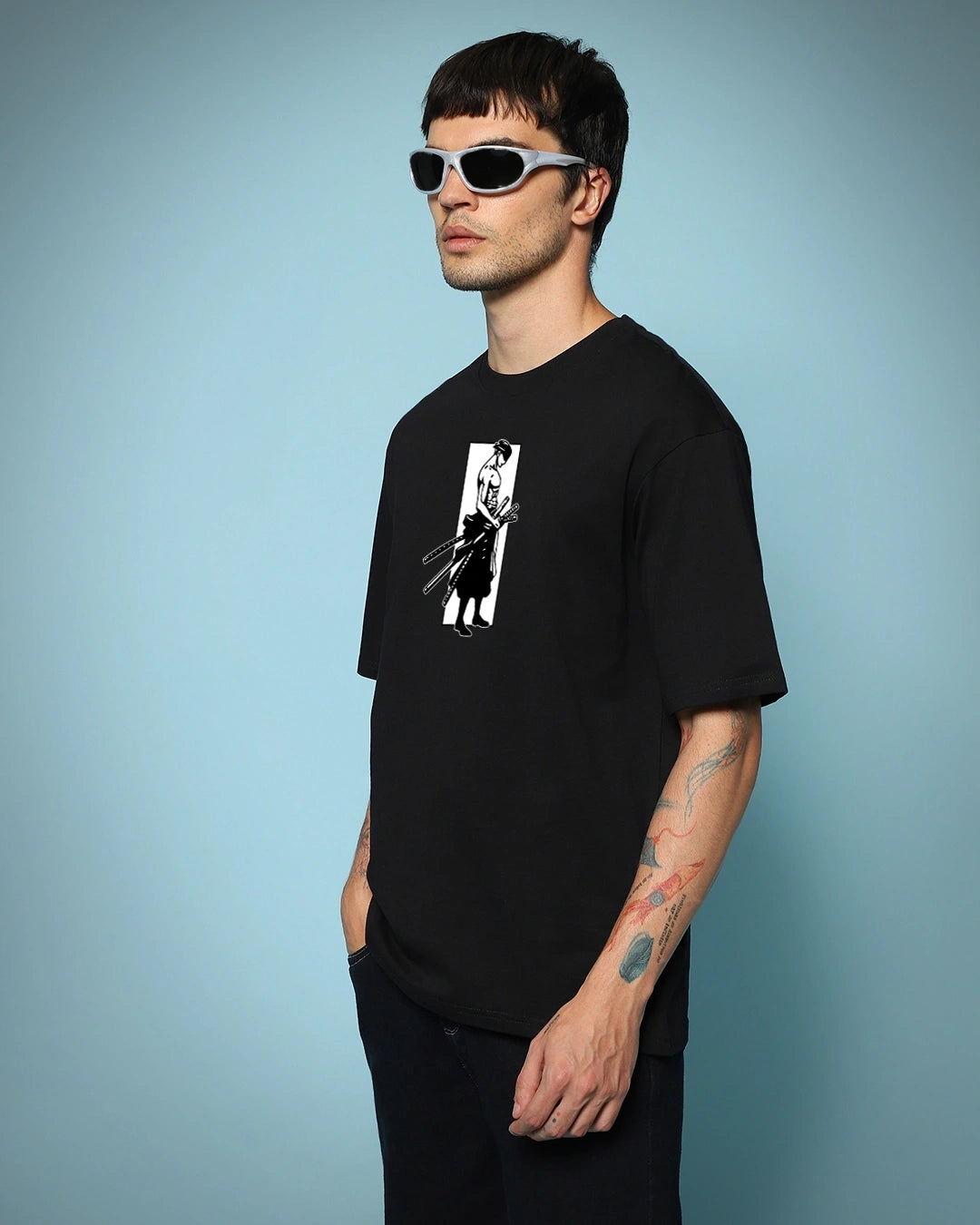 Men's Black Moss Head Graphic Printed Oversized T-shirt