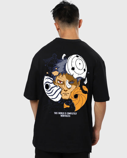 Men's Black Uchiha Obito Graphic Printed Oversized T-shirt