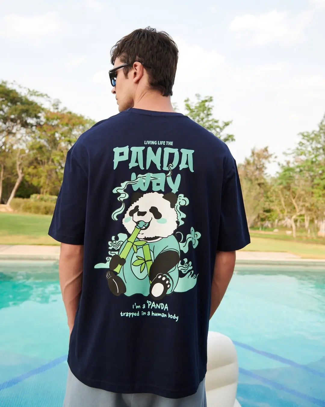 Men's Blue The Panda Way Graphic Printed Oversized T-shirt