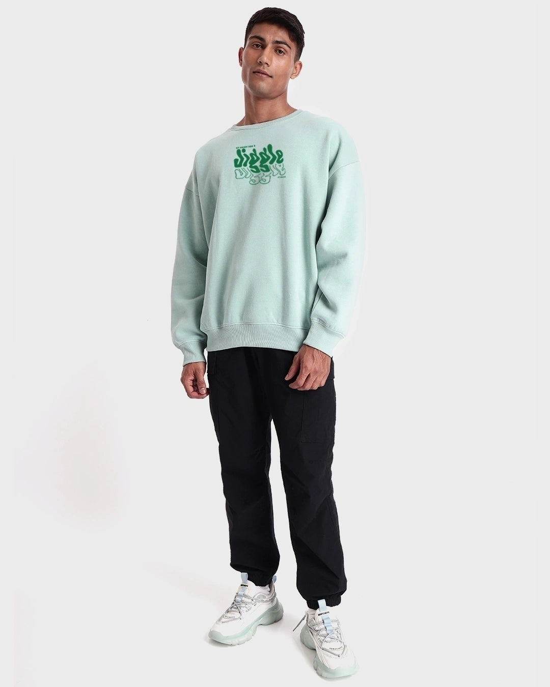 Men's Sage Green Money Don't Jiggle Graphic Printed Overized Sweatshirt
